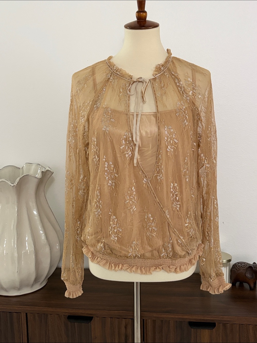 Lane Bryant Sheer Embroidered Ruffle Tie-Neck Blouse in Beige